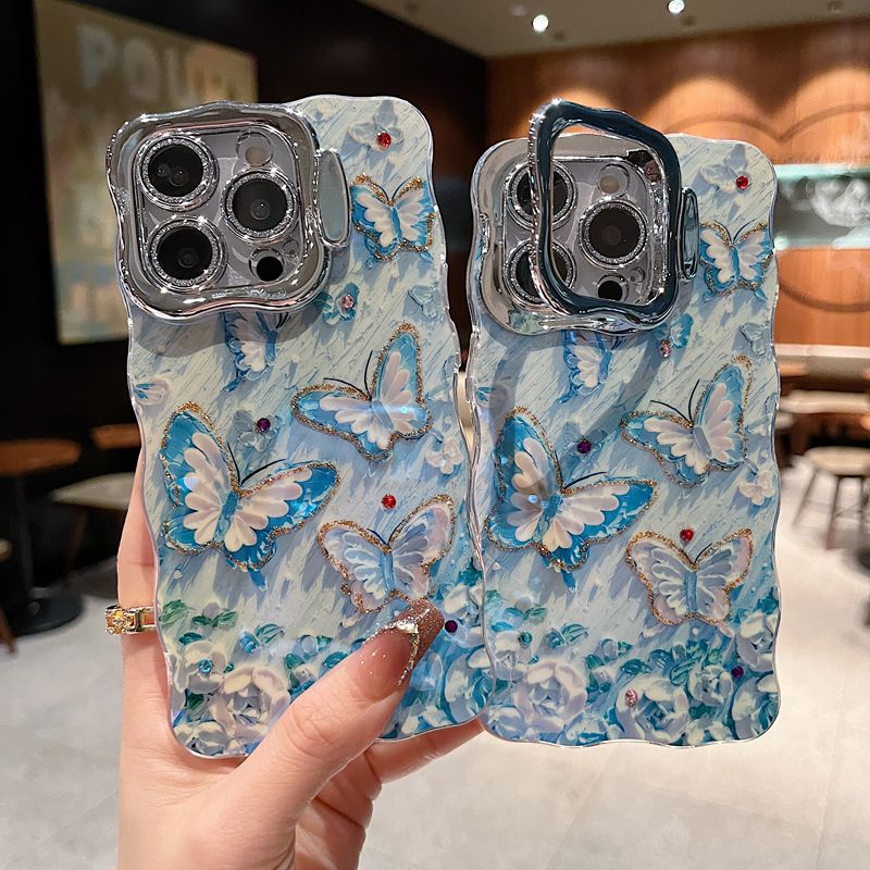 适用华为系列苹果iPhone16新款手机壳mate60国风点钻蓝色蝴蝶15pro/16promax全包隐形支架镜头膜网红保护套