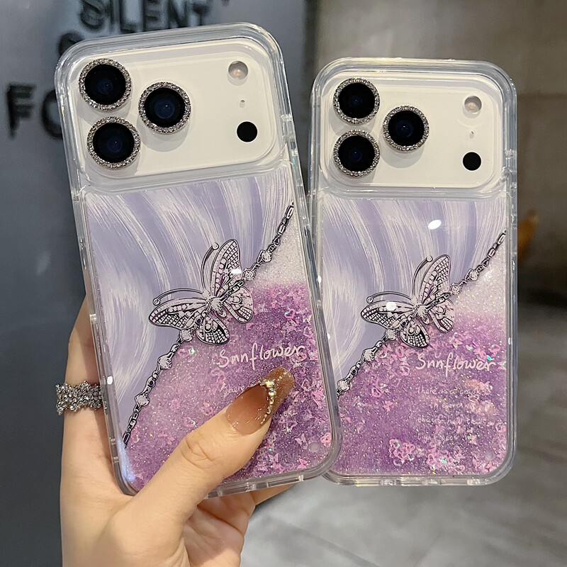 适用苹果系列iPhone17新款手机壳13promax15promax时尚紫色蝴蝶流沙14promax16promax半包大孔透气网红保护套