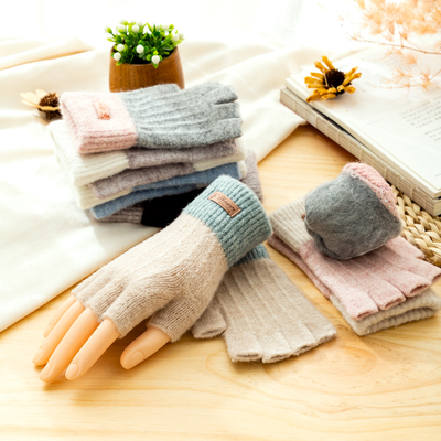 韩版冬季露指户外青少年毛线手套