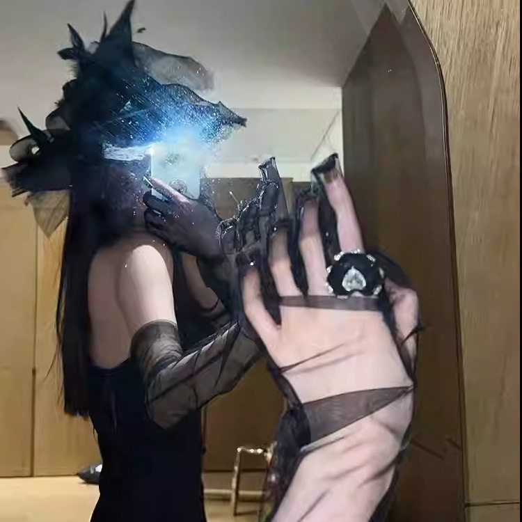 黑色丝袜网纱手套新娘宴会结婚写真长款哥特万圣节道具防晒手套
