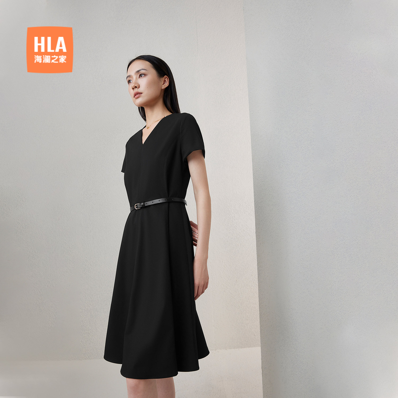 HLA/海澜之家时尚V领连衣裙2024春夏新款收腰显瘦通勤裙子女装