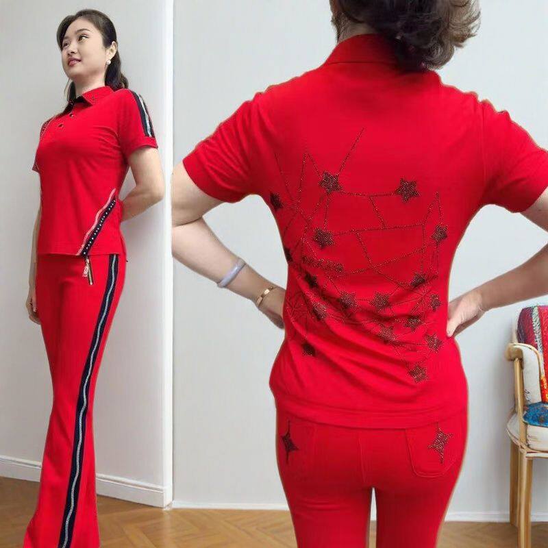 佳木斯健身操广场短袖夏季罗马运动服套装红色满天星水仙阳光之家