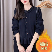 加绒加厚荷叶木耳边圆领长袖 卫衣时尚 休闲保暖百搭显瘦优雅上衣女