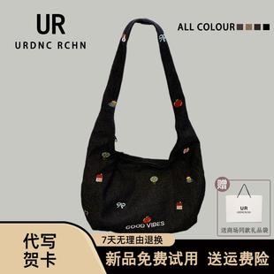 UR韩系刺绣牛仔布斜挎包女2025新款小众大容量通勤帆布单肩托特包