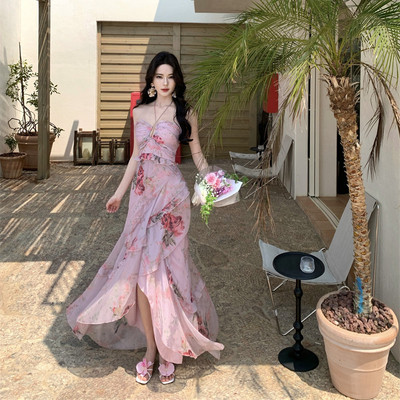 灰尘邓邓 挂脖碎花连衣裙女2025春季新款法式抹胸长裙收腰裙子