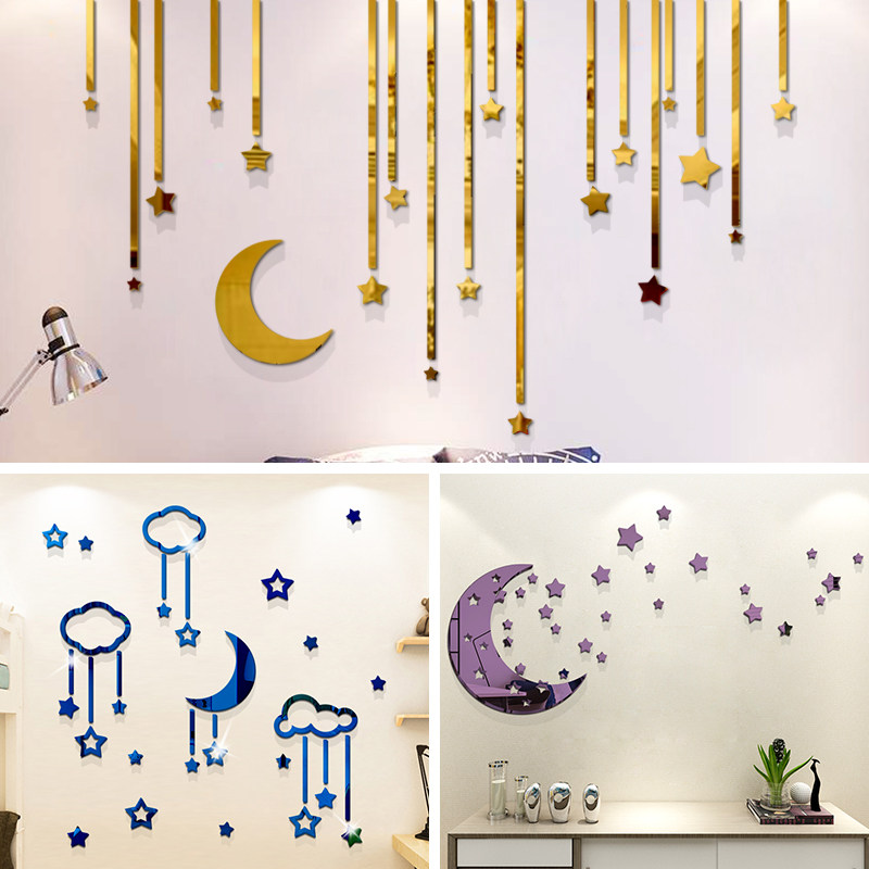 网红ins星星月亮星空3D立体镜面少女心卧室床头布置幼儿园墙贴画