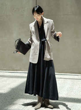 春季新款麻料拼接条纹西装外套女788A52094