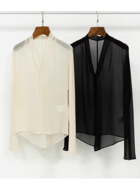 微透视V领防晒长袖真丝雪纺衬衫450A242091