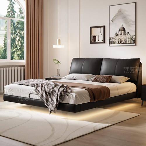 法莎蒂悬浮床意式极简真皮床主卧轻奢软包床黑色皮床现代简约床