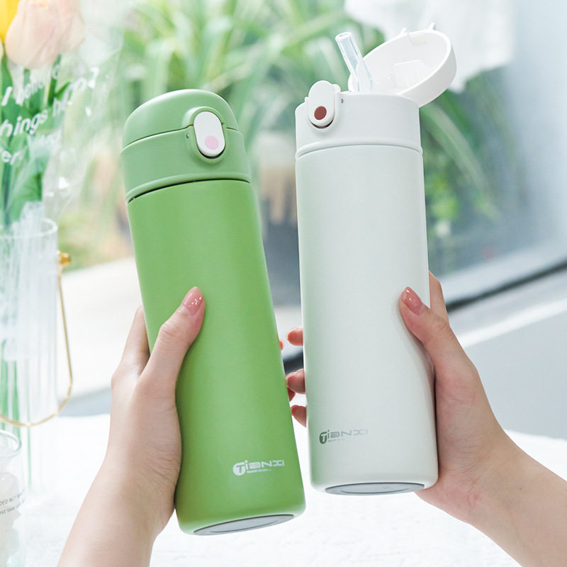 天喜316不锈钢保温杯弹跳杯盖带吸管家用学生儿童户外便携保温