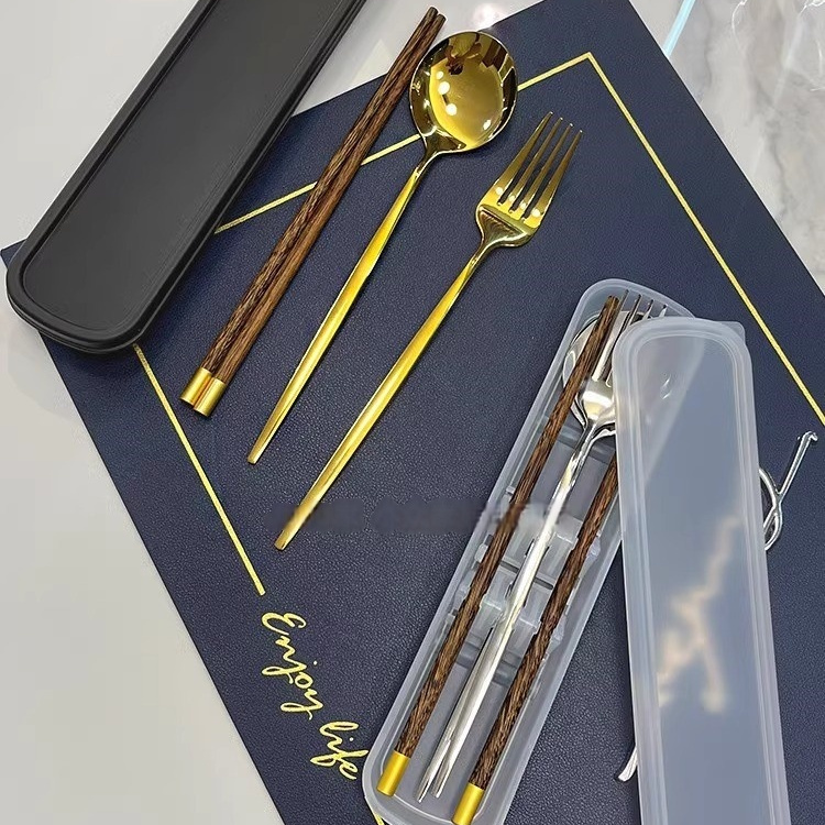 学生上班族必用304不锈钢便携筷勺套装单人专用木筷勺叉子收纳盒