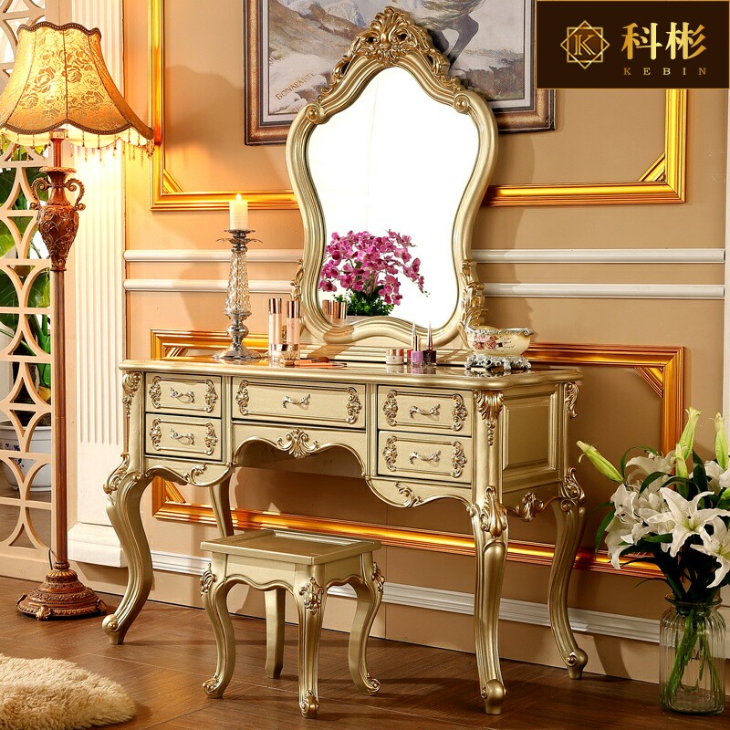 欧式实木梳妆台 美式别墅田园卧室化妆桌妆镜组合描金银雕花妆台