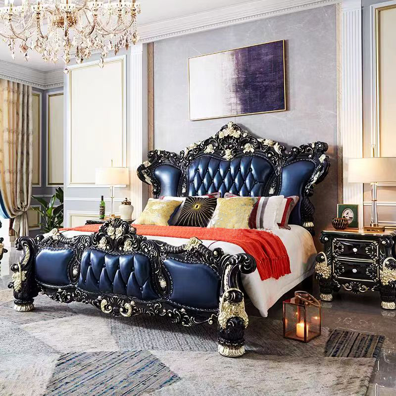 欧式真皮床 美式别墅豪华卧室双人公主床黑檀色描金实木大床婚床