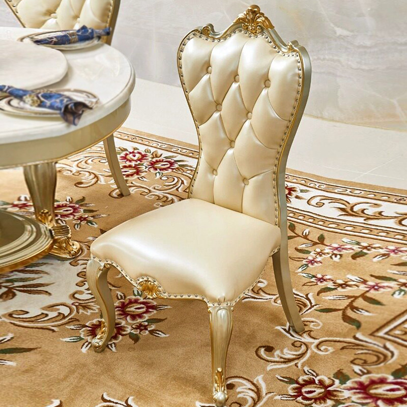 欧式轻奢实木雕花真皮餐椅 美式高端酒店宴会椅金色软包椅子餐椅
