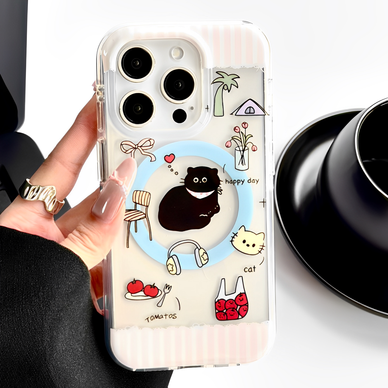 韩风插画可爱小黑猫适用iphone16promax苹果15手机壳12pro新款13强磁吸带支架14pro全包防摔保护套透明高级感