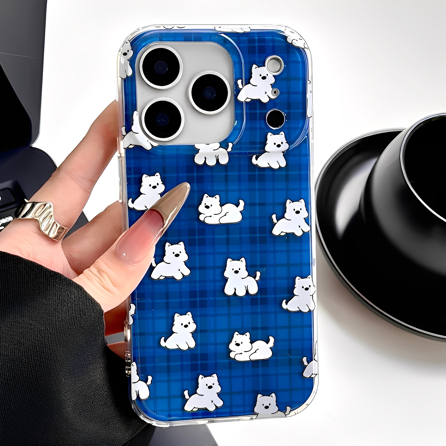 蓝色棋盘格狗狗适用iphone16pro苹果17手机壳13可爱趣味15pro双层新款14proamx全包防摔超好看外壳高级感女款