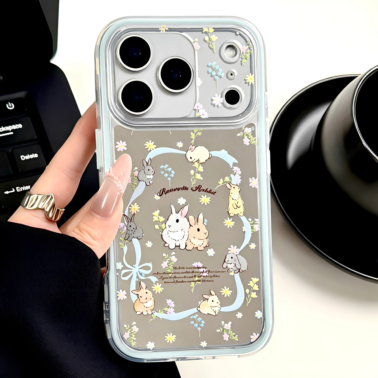补妆镜面碎花兔子适用iphone16pro苹果17手机壳13趣味15pro小众14proamx全包防摔保护套夏日小清新时尚高级感
