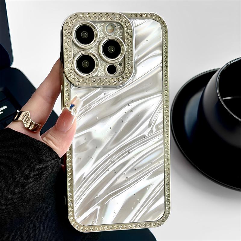 适用iPhone满屏镶钻皱褶纹手机壳