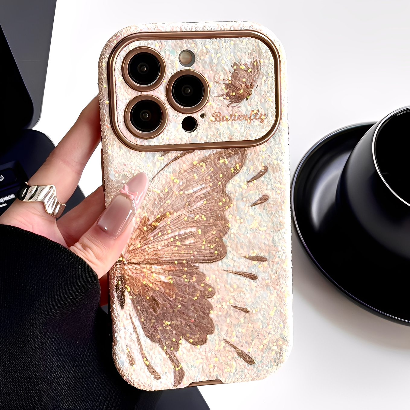 适用iPhone大视窗金色蝴蝶手机壳