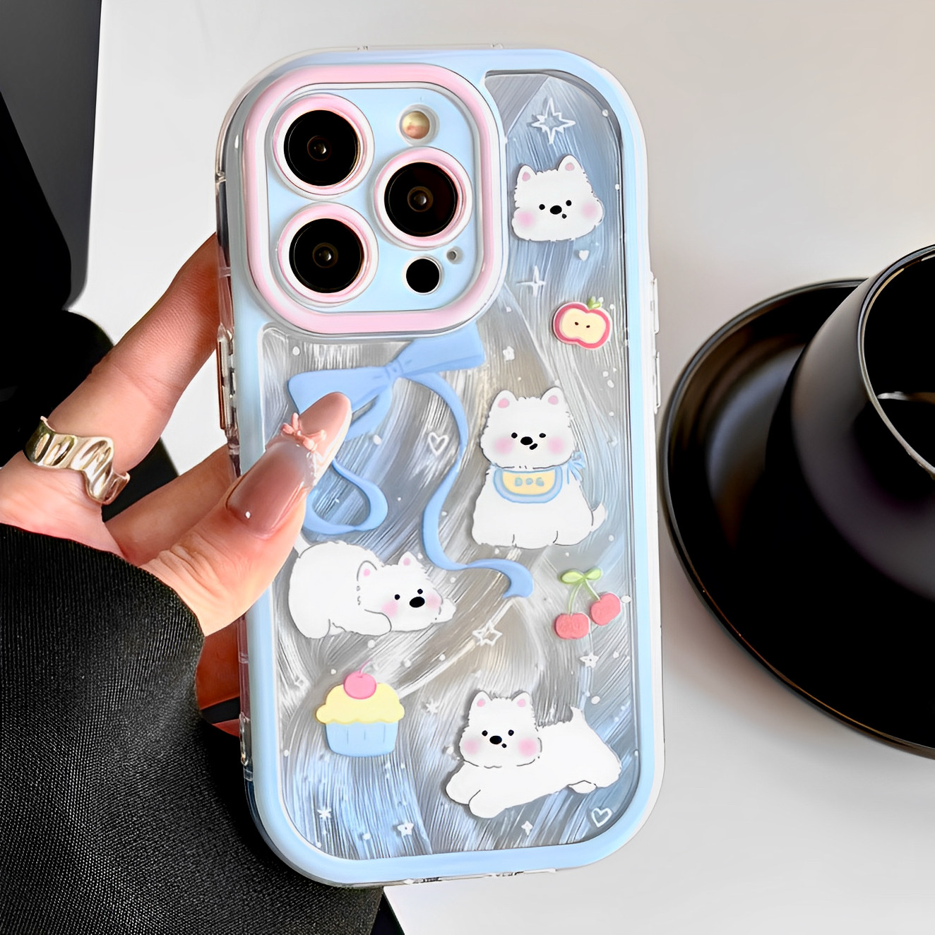 蓝晕染羽纱狗狗适用iphone16promax手机壳苹果15可爱12pro小众13新款14pro全包镜头保护套防摔16韩国卡通女款