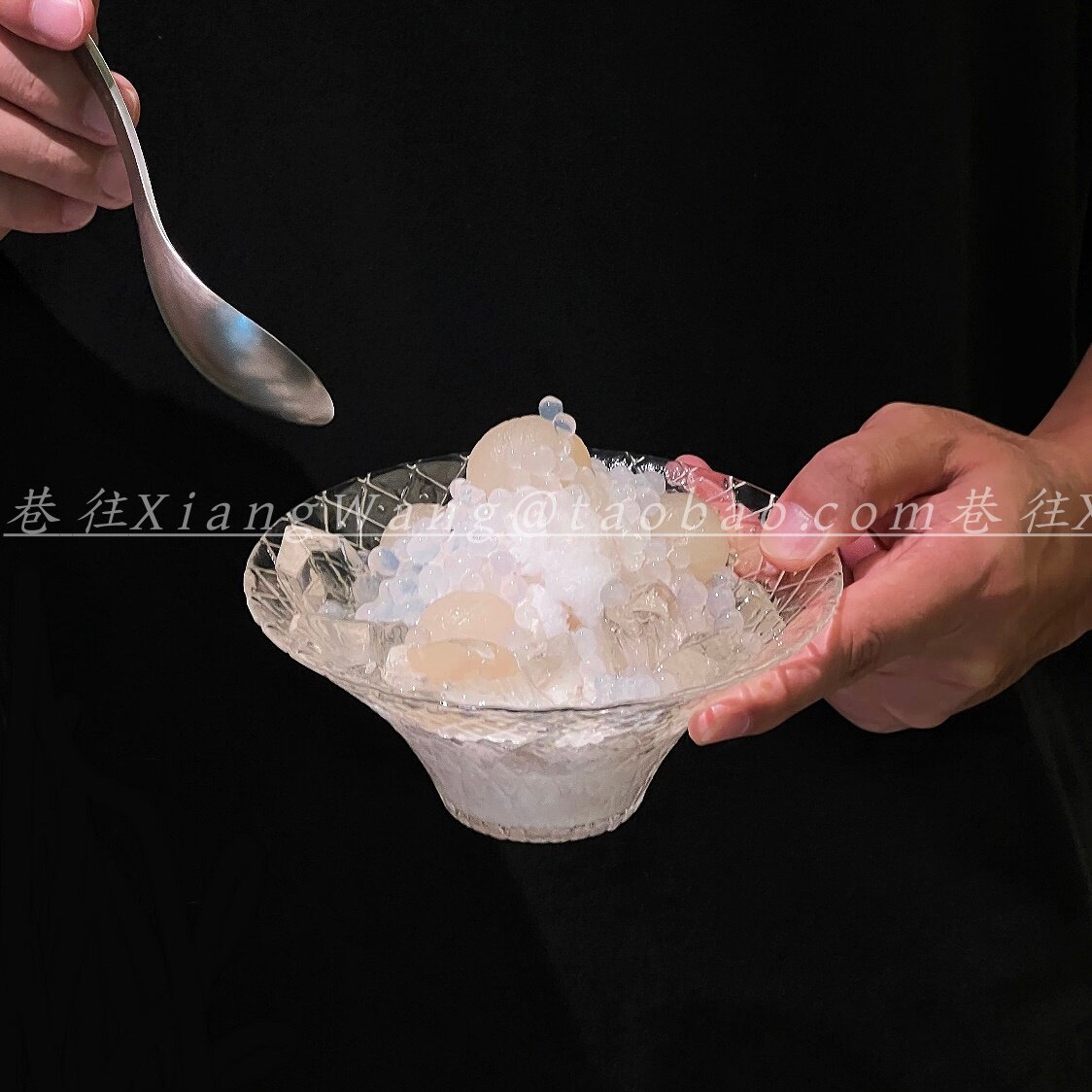 日式菱格纹喇叭玻璃碗网红甜品碗冰沙碗水果捞碗家用餐具餐厅商用