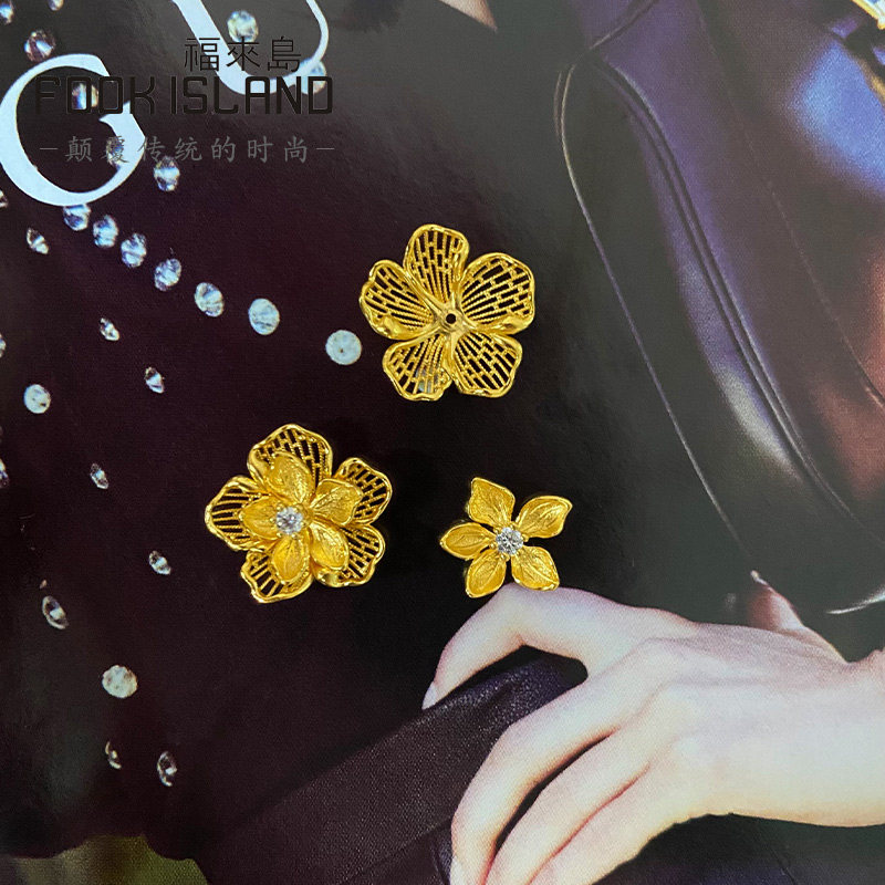 福来岛黄金耳钉三生花莫桑石耳饰足金999女士古法金计价首饰新款