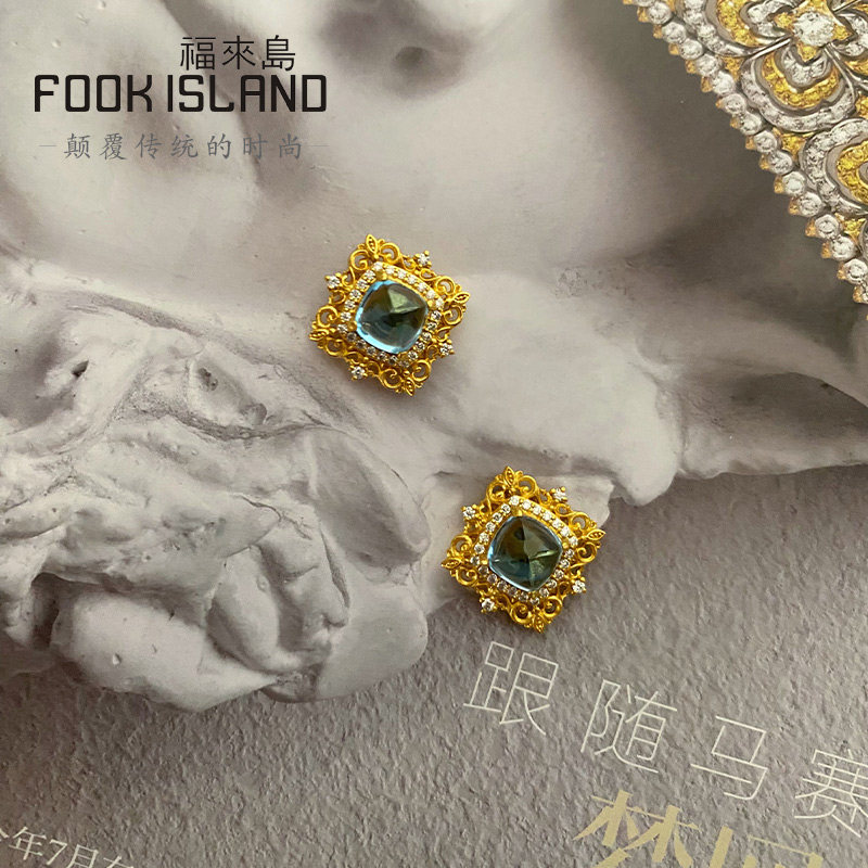 福来岛黄金耳钉冰雪奇缘糖塔托帕石足金耳饰时尚通勤古法金首饰女