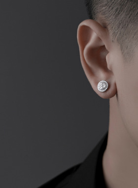 S925纯银晶簇璀璨超闪耳钉男潮黑色高级感小众痞帅男生耳环耳饰女