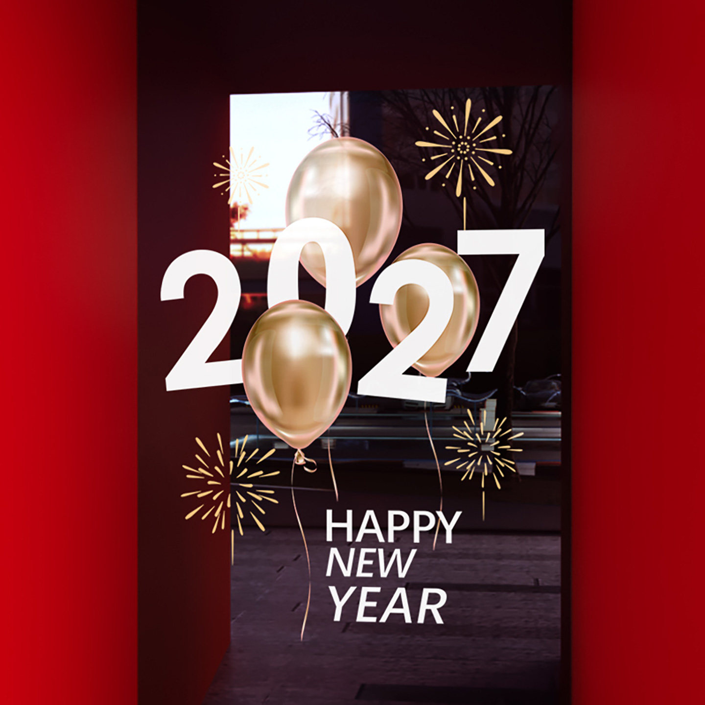 新年装饰窗花2027元旦气球窗贴圣诞节店铺橱窗静电玻璃贴门贴纸