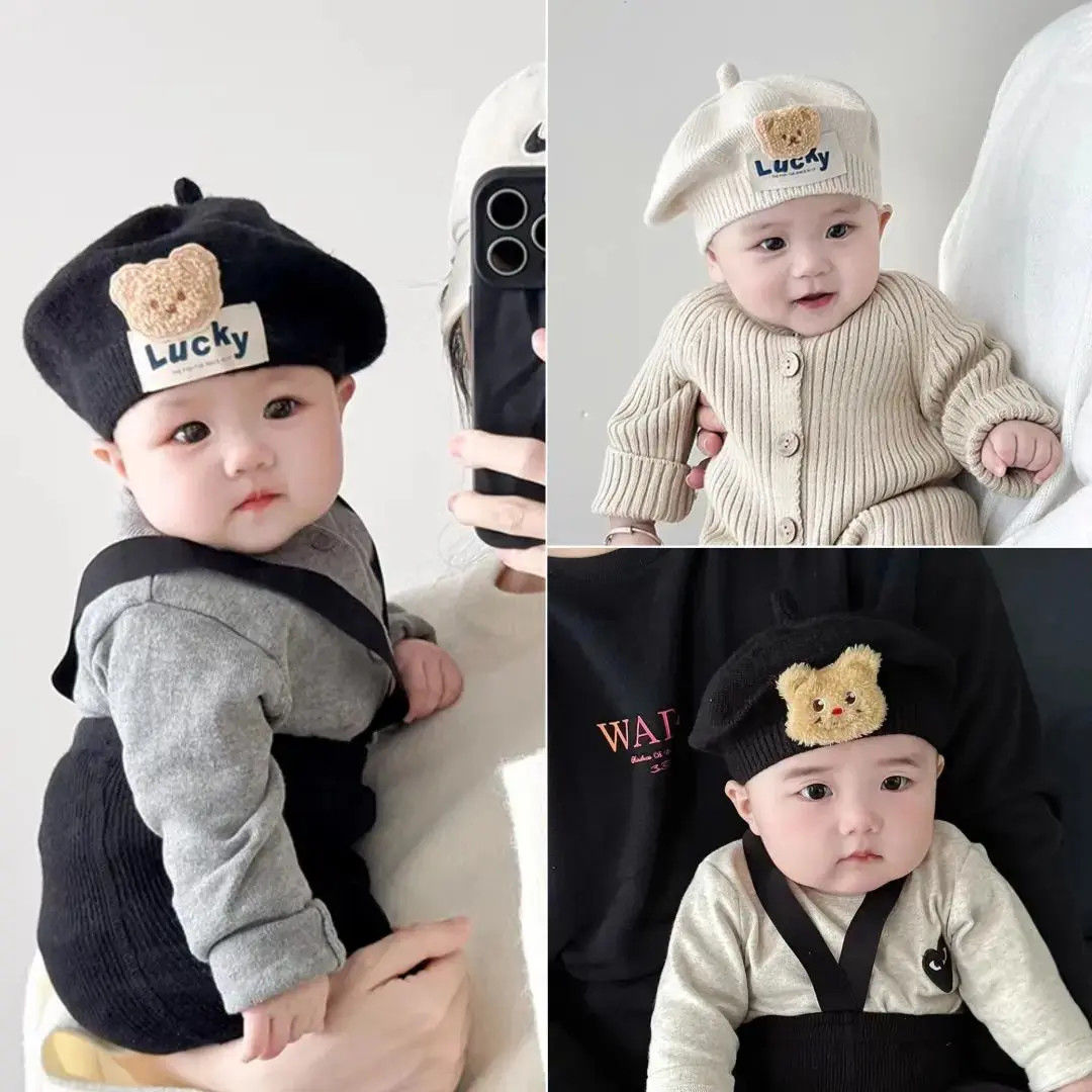 婴儿帽子春秋针织贝雷帽卡通小熊超萌可爱画家帽凹造型百搭毛线帽