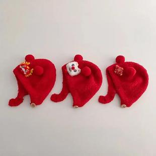 婴儿帽子新年红色护耳毛绒帽男女宝宝保暖加厚针织小月龄包头帽潮
