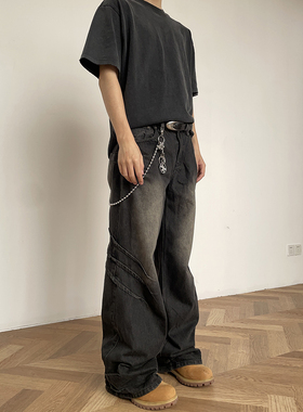 Evoluer 复古水洗做旧小众设计抓痕牛仔裤阔腿宽松高级感长裤