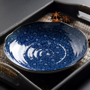 波佐见烧saikai今样古染菊型日式盘子套装日本进口复古陶瓷大圆盘