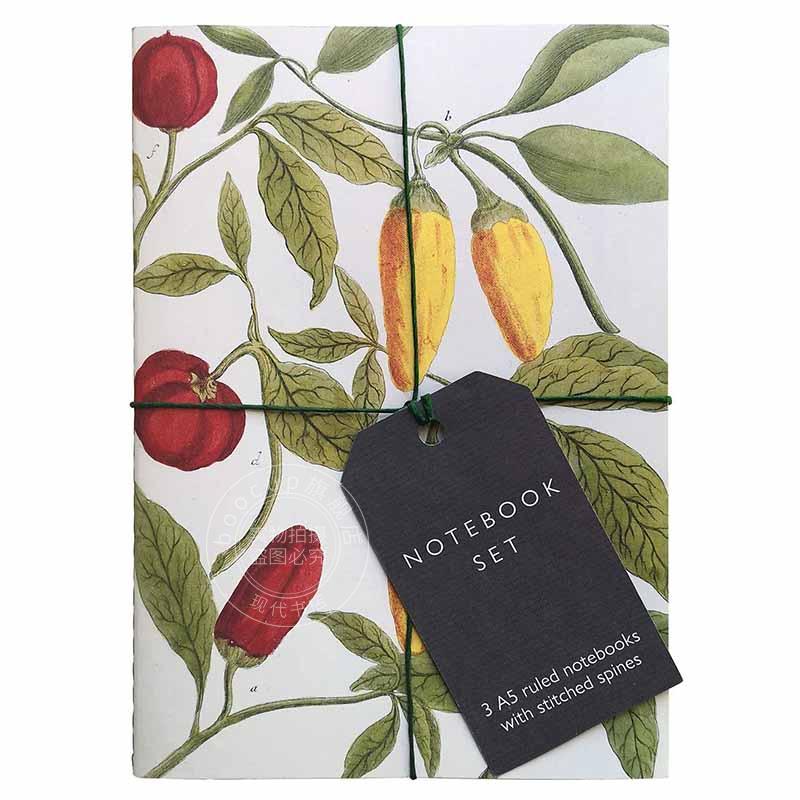 植物艺术系列笔记本套装 3本A5笔记本 文创周边 英文原版 Botanical Art Notebook Set: 3 A5 ruled notebooks with stitched spin