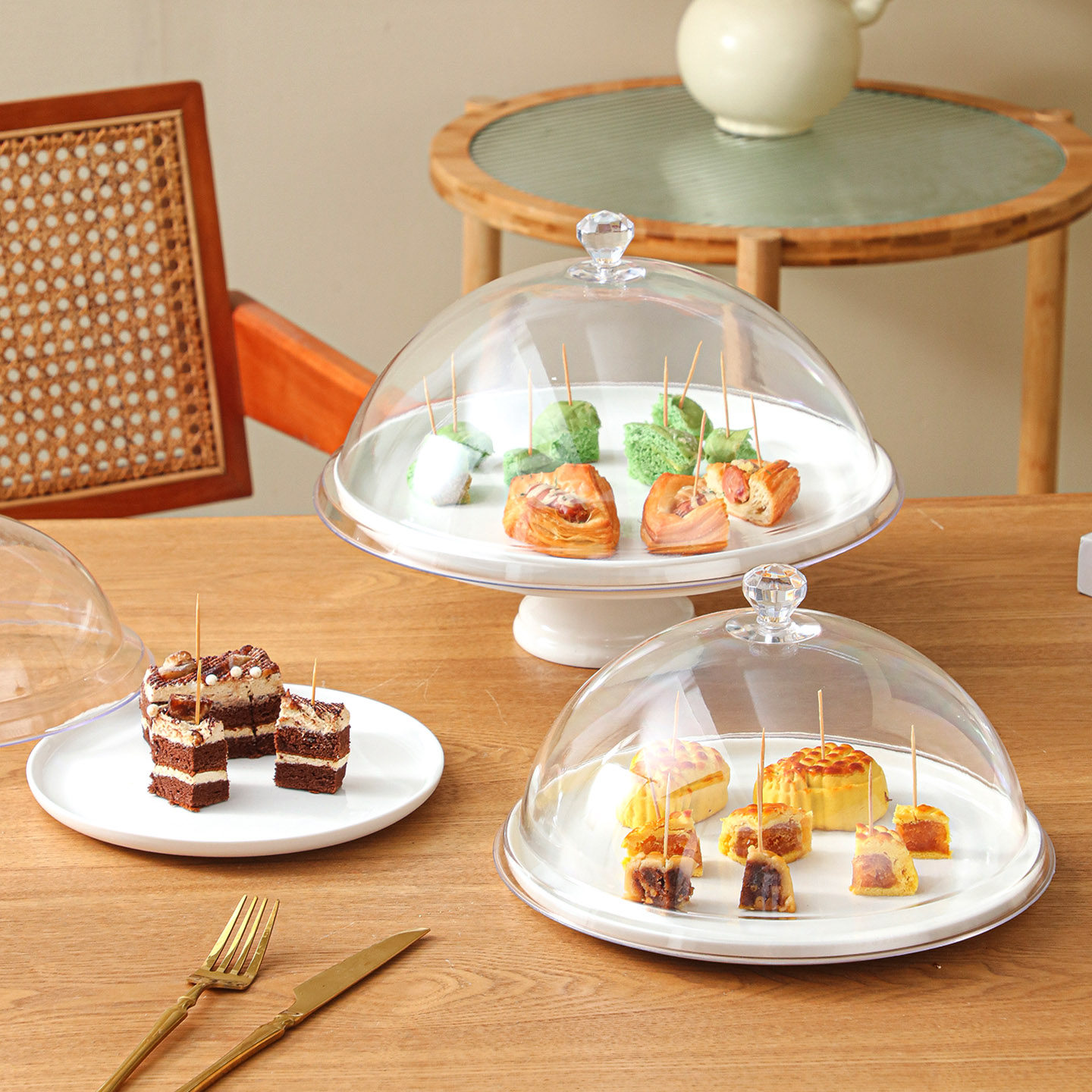 水果试吃盘带盖圆形食品防尘罩透明商用甜品展示盘陶瓷点心品尝盘