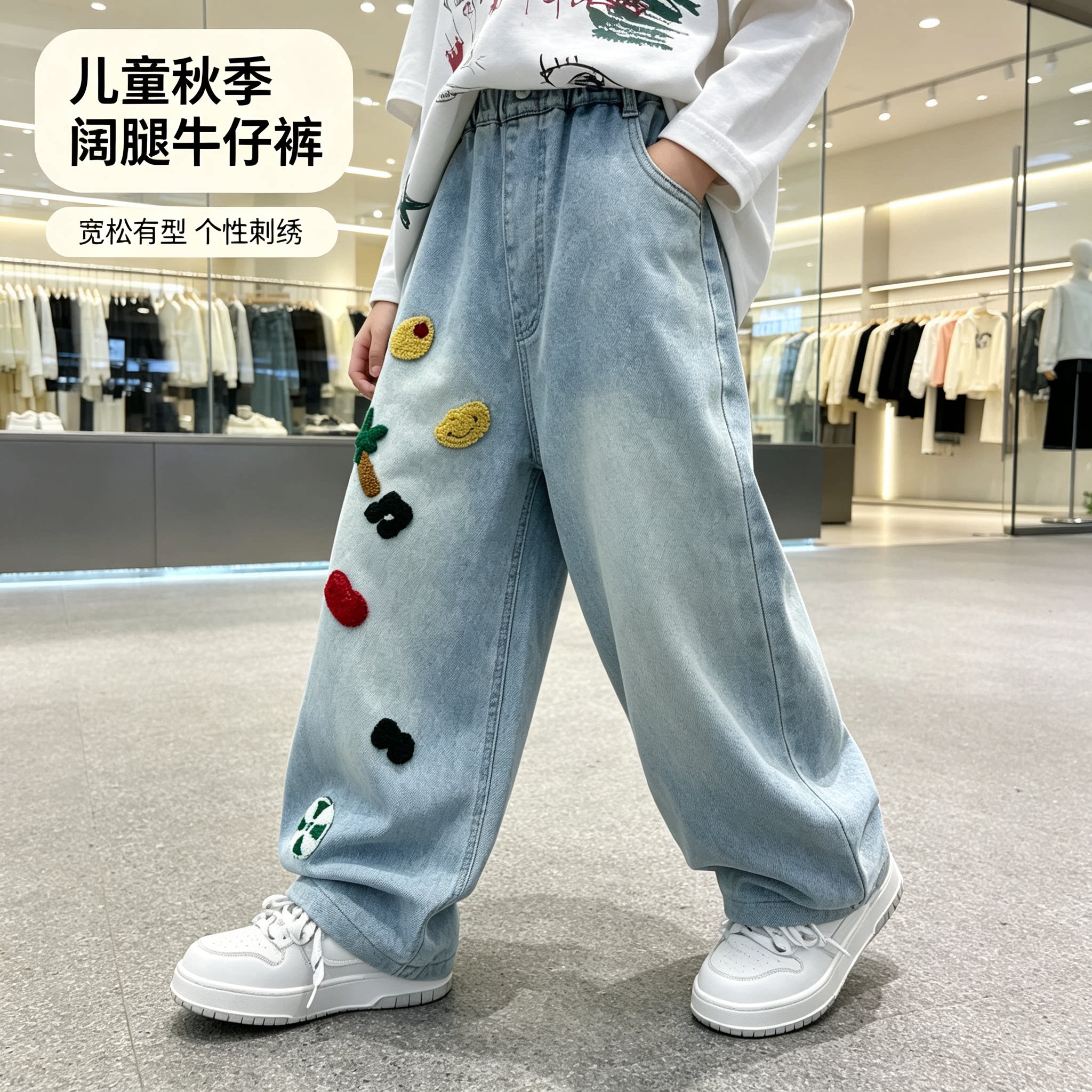 男童牛仔裤春秋款2026儿童毛巾绣