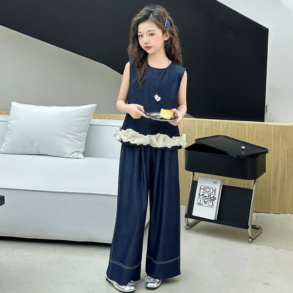 女童夏季冰丝牛仔套装2026新款洋气儿童夏装大童夏天阔腿裤两件套