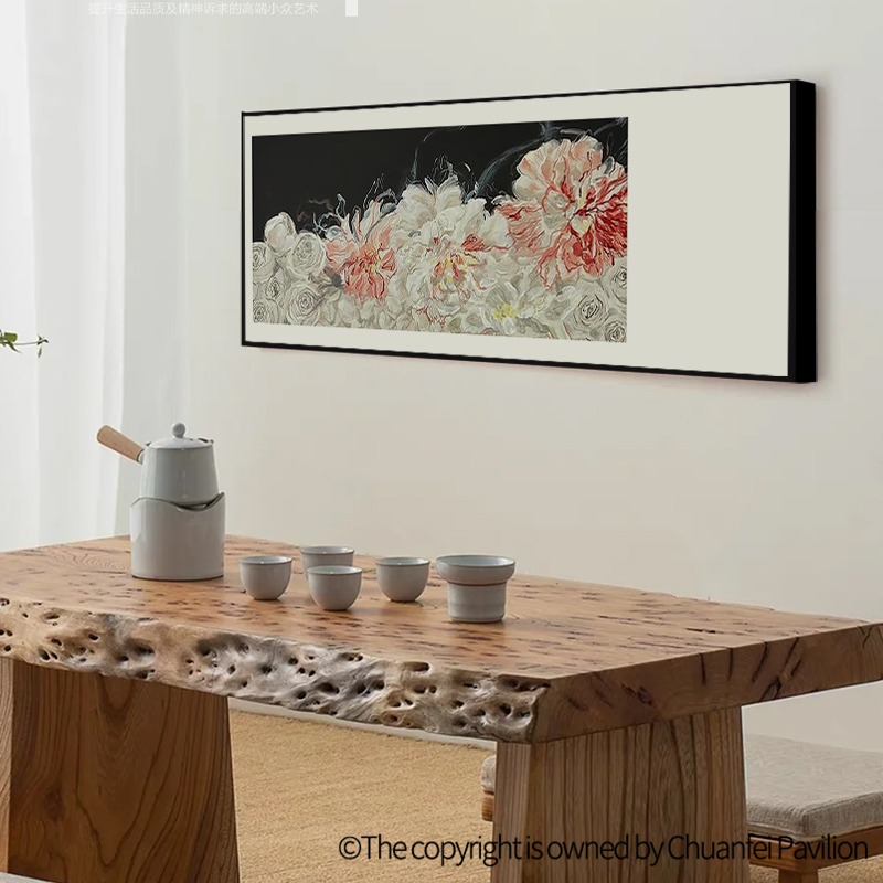 花开富贵复古办公室背景墙壁画横版日式花卉装饰画卧室床头挂画图片
