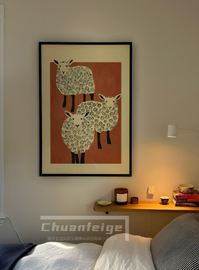 三羊开泰美式简约客厅餐厅装饰品挂画美拉德色系玄关艺术手绘油画