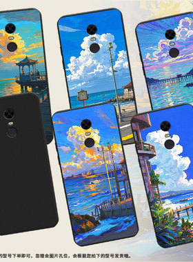 适用红米note82021国外手机壳商务油画海边时尚5Plus磨砂壳红米S2高级感红米7男女M1803E6H全包边保护套
