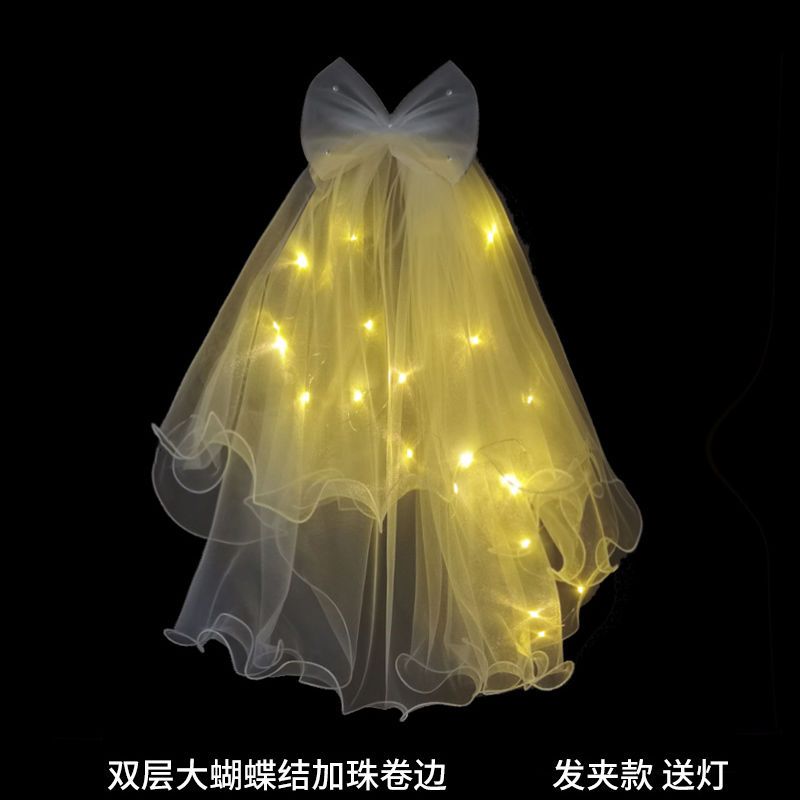 儿童发光头纱蝴蝶结带灯网红拍照神器道具领证结婚旅拍头饰女