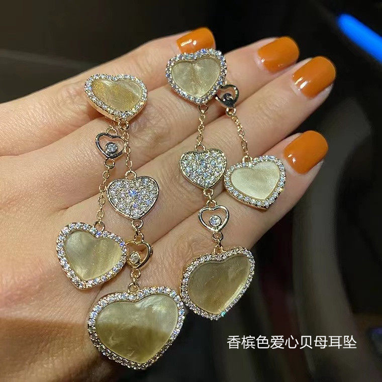 18K金进口莫桑石长款耳饰明星同款粉色爱心流苏可拆卸两戴耳环女