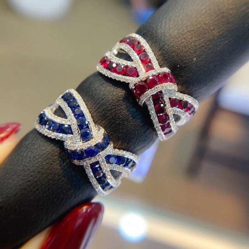 时尚进口D色莫桑石丝带戒指天然红宝石蝴蝶结钻戒婚戒复古女款潮