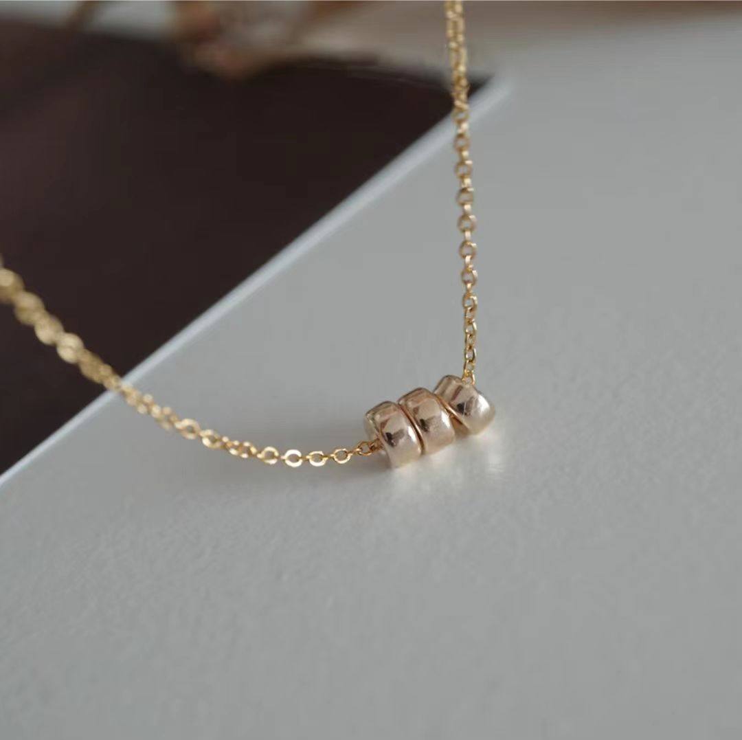 纯18K玫瑰金三圆环转运珠项链AU750高级感通勤潮小众设计时尚轻奢