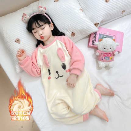 女童秋冬款家居服双层奥粒绒加厚儿童小兔子连体睡衣加绒冬季保暖