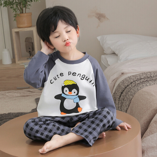 男童睡衣2025新款儿童a类纯棉春秋企鹅男宝秋衣套装小男孩家居服