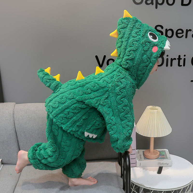 儿童睡衣2025新款秋冬季女童珊瑚绒恐龙连帽套装宝宝法兰绒家居服