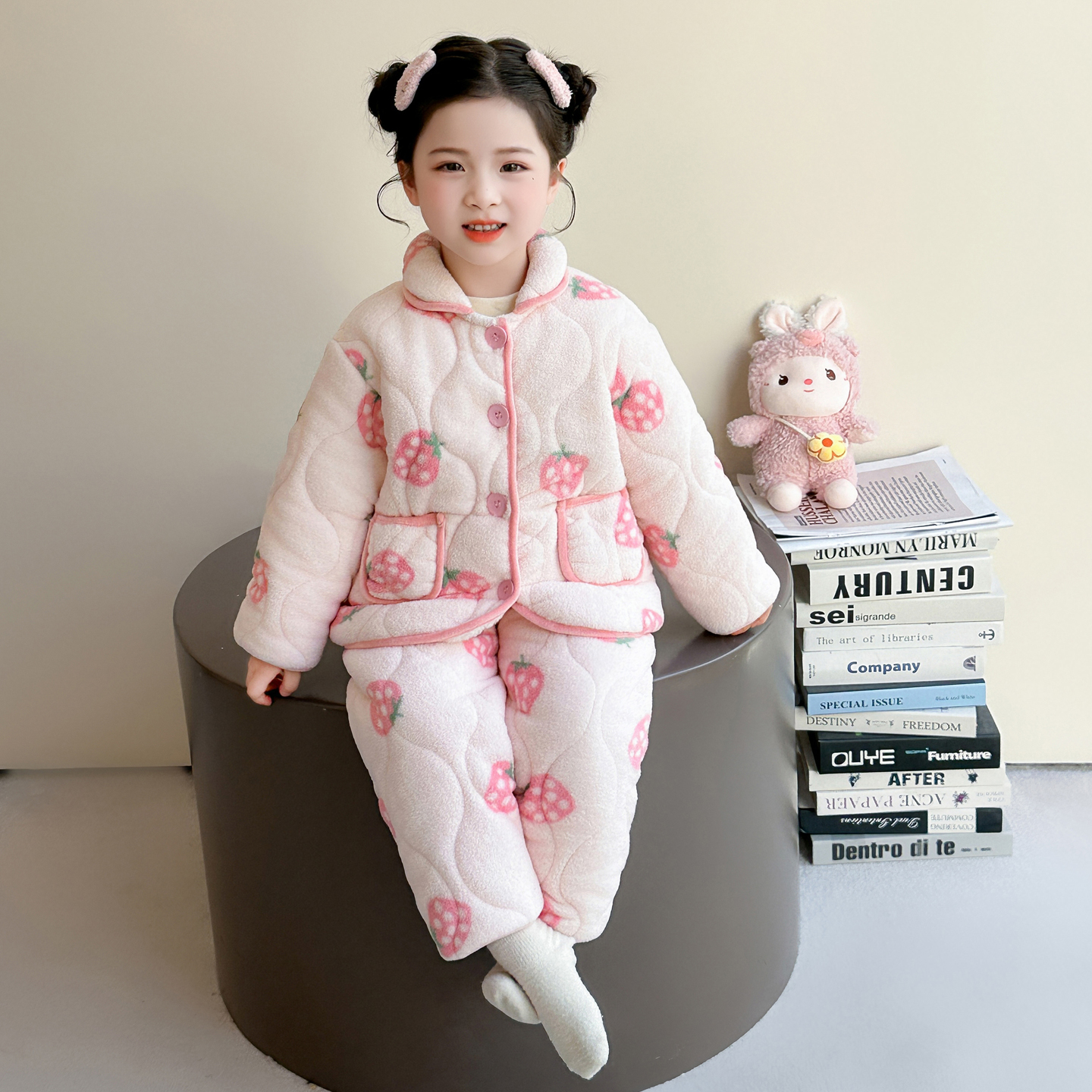 女童睡衣秋冬款2025新款儿童冬季加绒加厚公主宝宝三层夹棉家居服