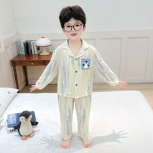男童家居服睡衣2025新款男宝宝休闲可爱动物款小企鹅纱布开衫套装