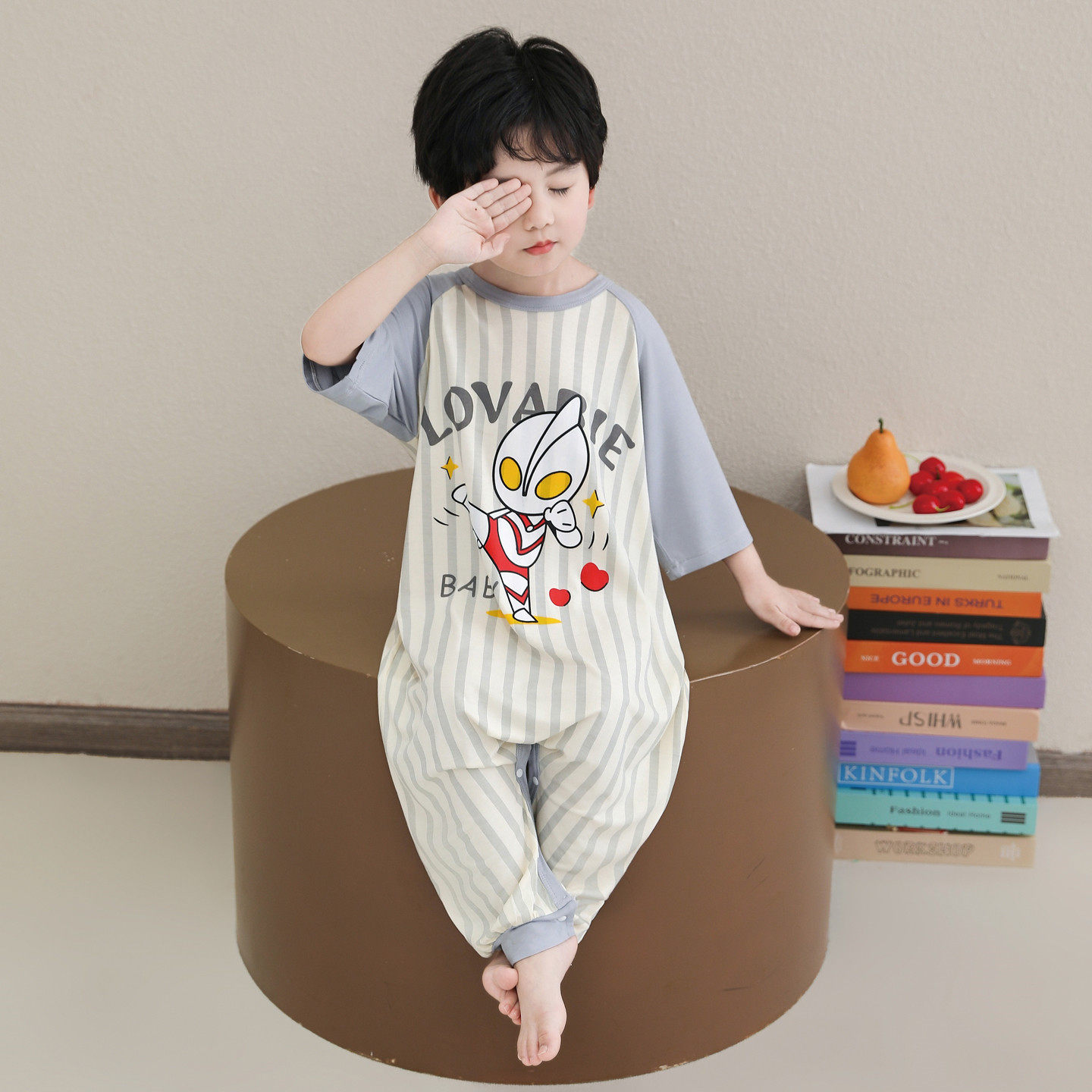 男童冰丝连体睡衣夏季薄款儿童莫代尔七分袖空调服男宝宝条纹睡袋